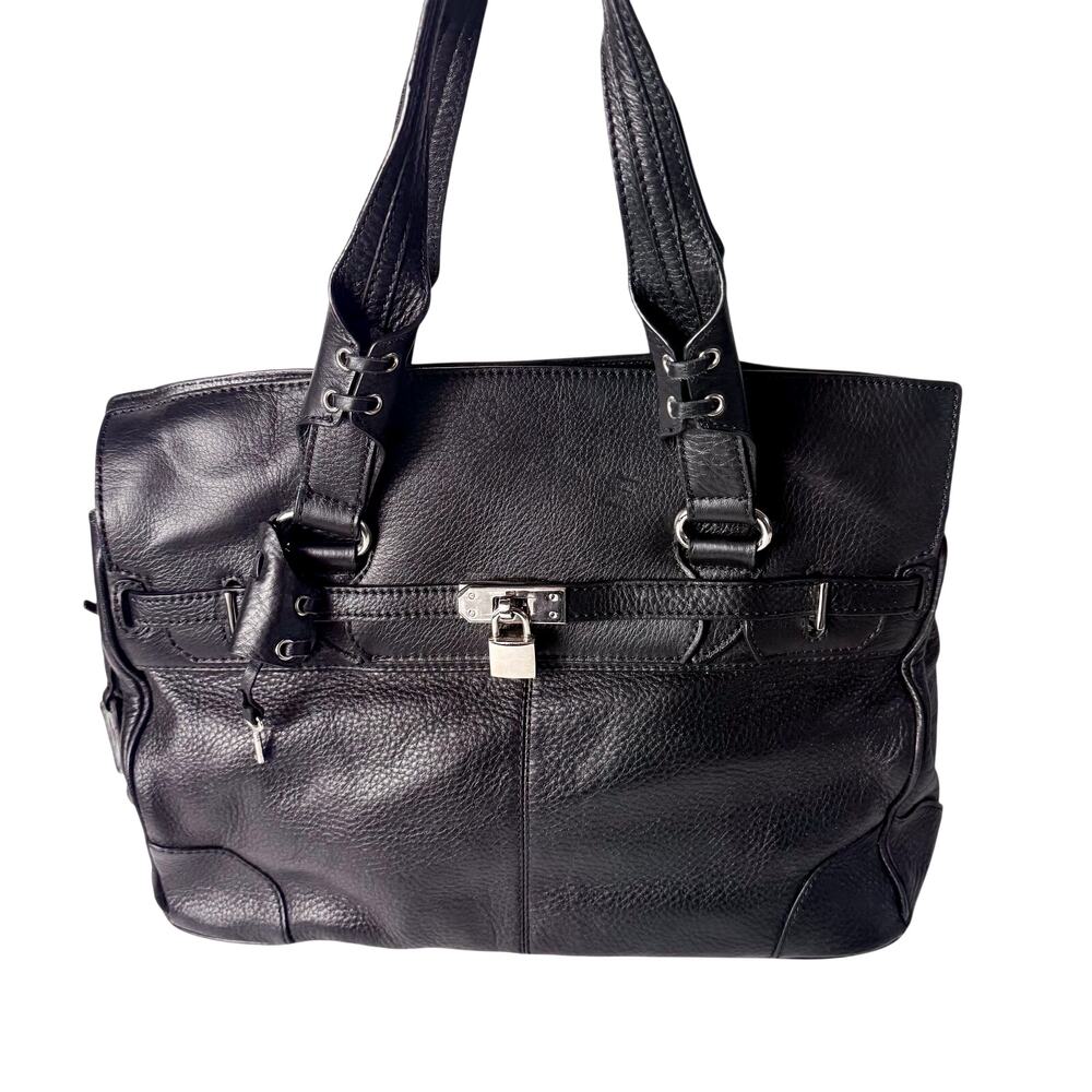 Donald J Pliner Couture Black Grained Leather Shoulder Bag Purse Lock & Key NEW
